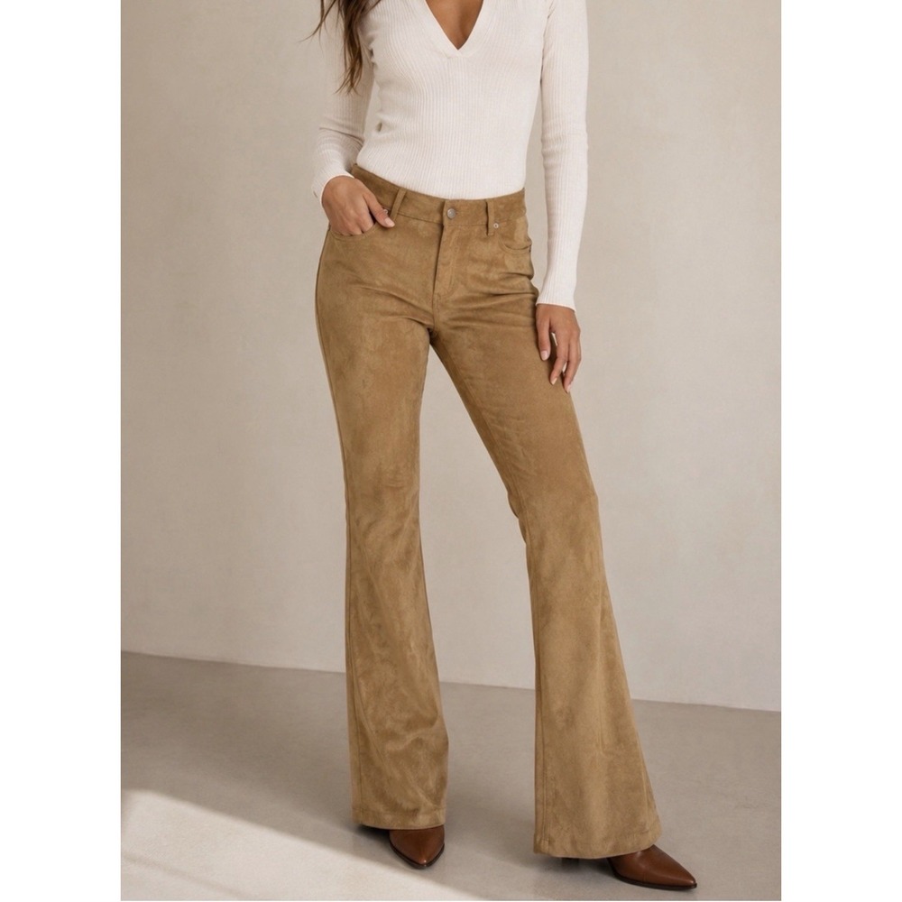 Elie Tahari Faux Suede Flare Pants Camel Tan Women's Size 12 Boho Retro